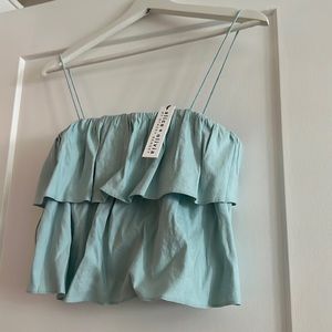 Alice and Olivia powder blue linen blend cropped top with zipper down the back